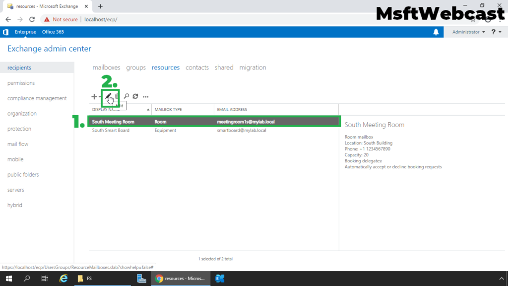 2. choose the room mailbox and select edit