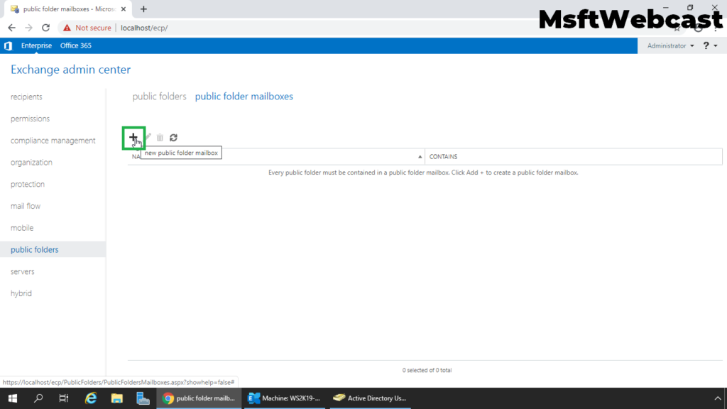 2. click on plus sign to create a new public folder mailbox