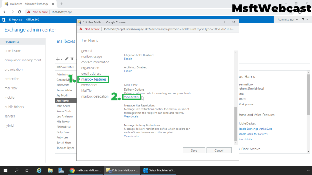 3. on mailbox features tab click on mail flow settings