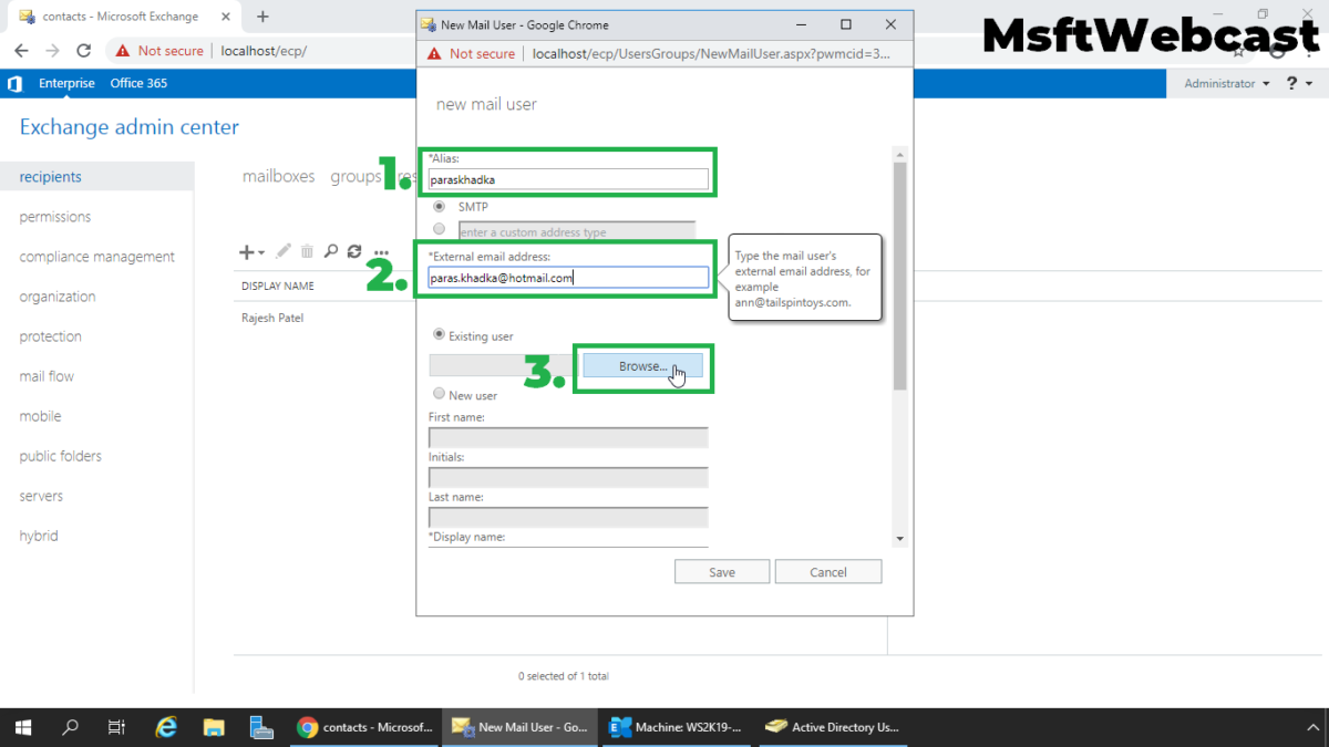 Create Mail Enabled User in Exchange 2019