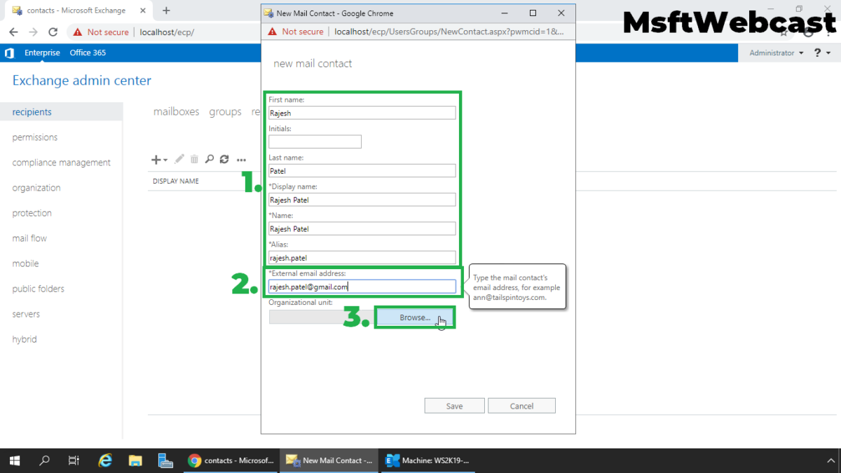 Create Mail Enabled Contact in Exchange 2019