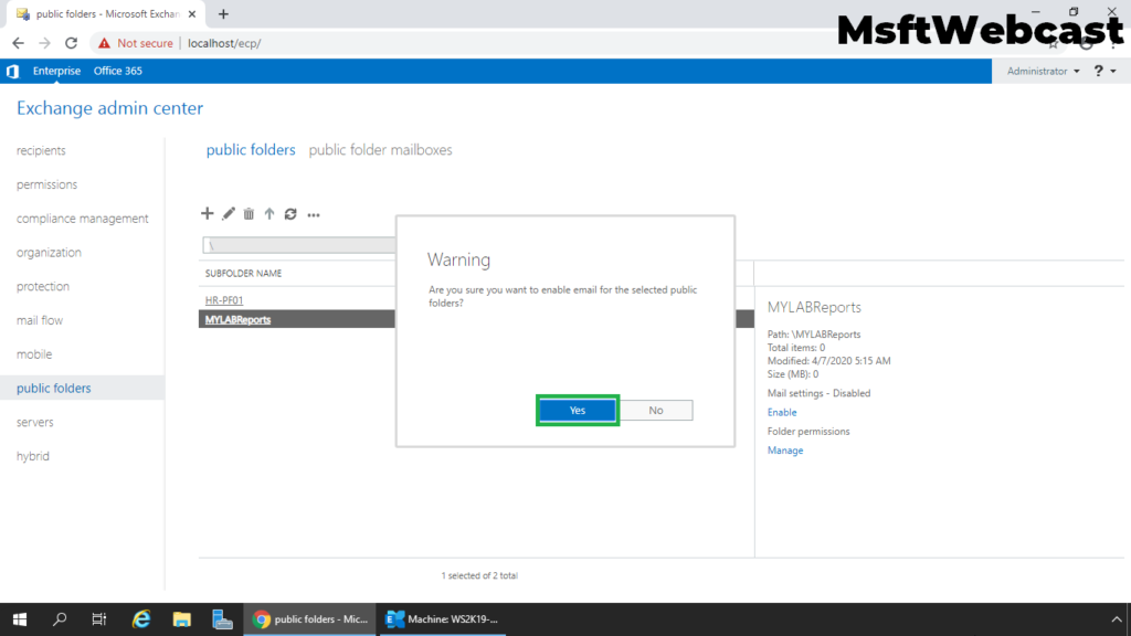 4. click on yes to make public folder mail-enabled