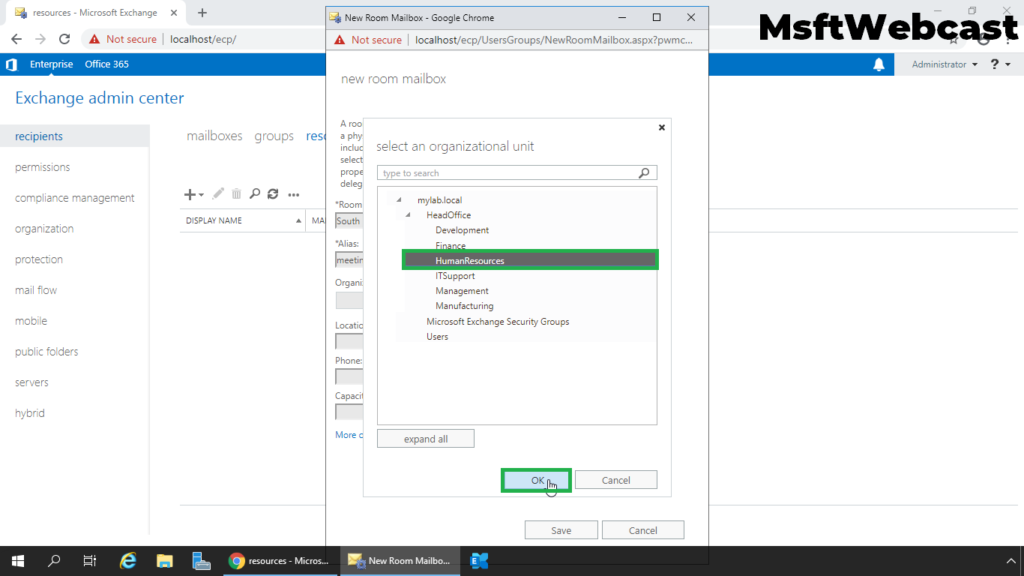 4. select OU to store object