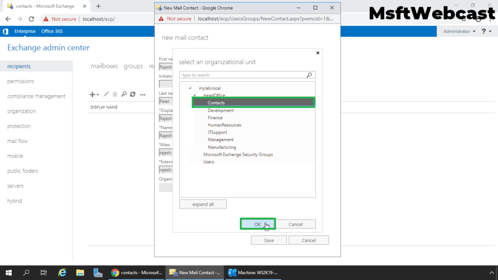 4. select the OU to store contact