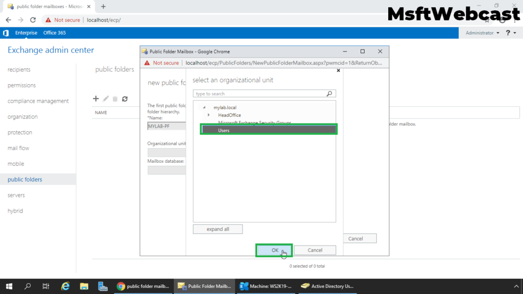 4. select the OU to store public folder account