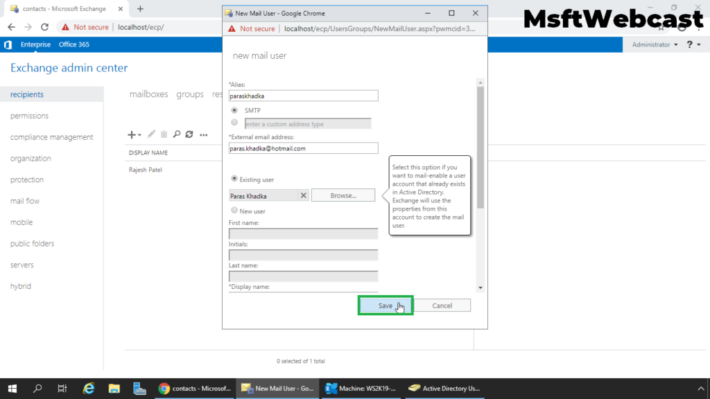 5. click on save to create new mail-enabled user