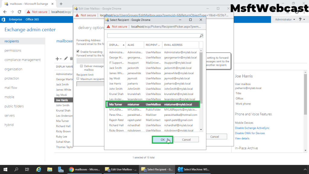 5. select the recipient mailbox for mail forwarding