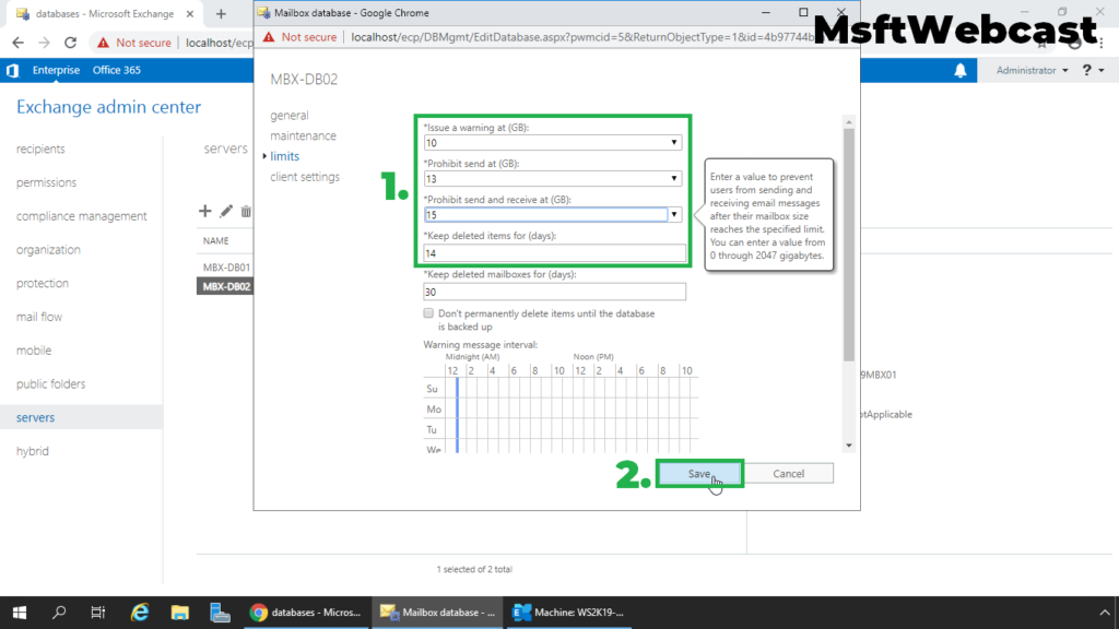 5. setup storage quota on mailbox database