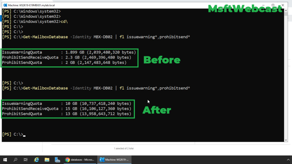 6. check storage quota on mailbox database