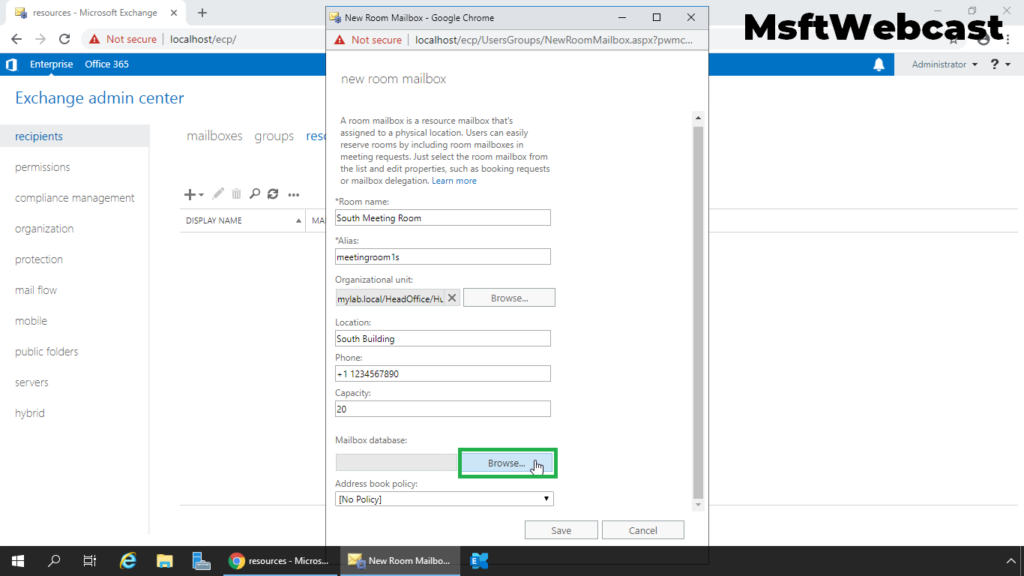 6. click on browse to select the mailbox database