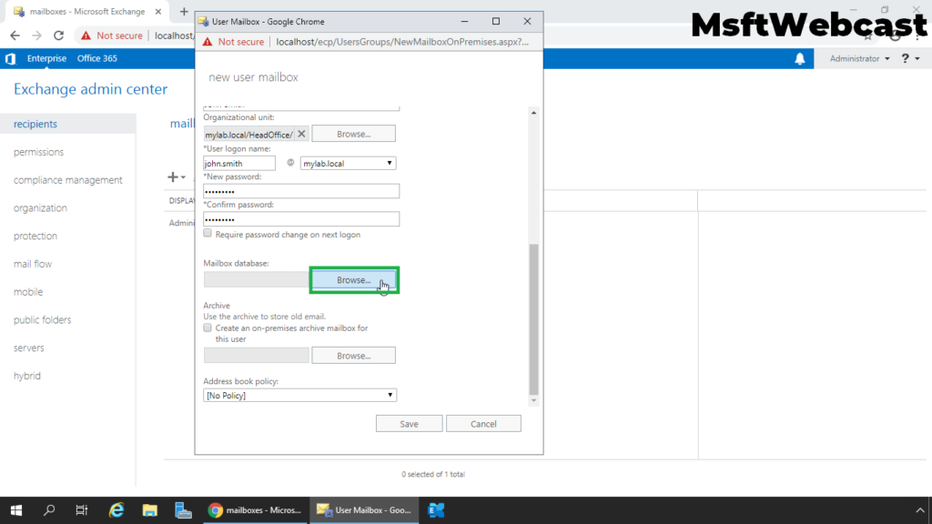 6. select mailbox database to store user mailbox