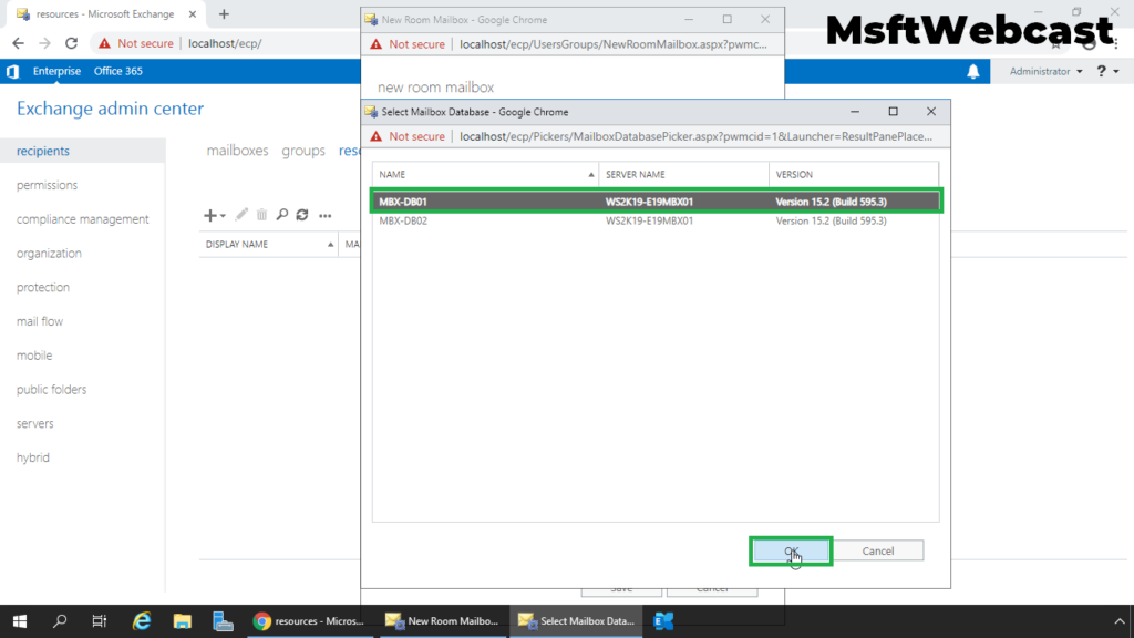 7. select mailbox database and click ok