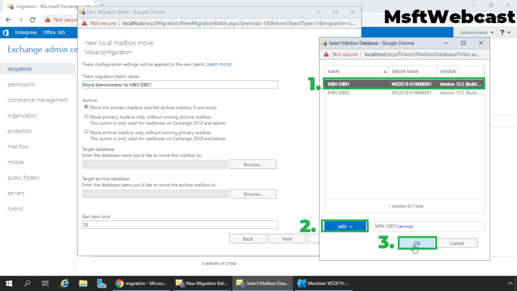 7. select the destination mailbox database