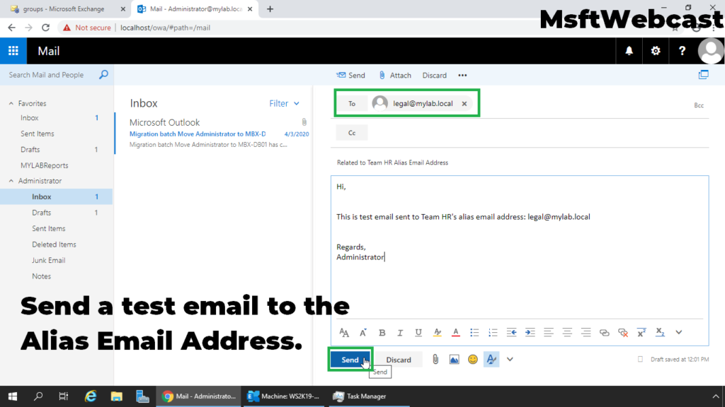 7. send a test email to the alias smtp address