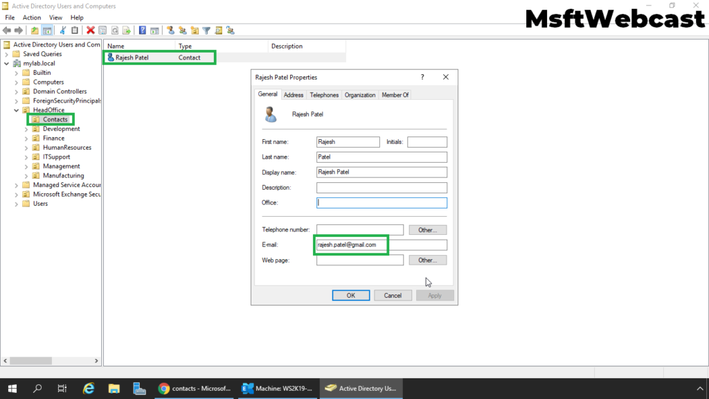 7. verify contact in Active Directory