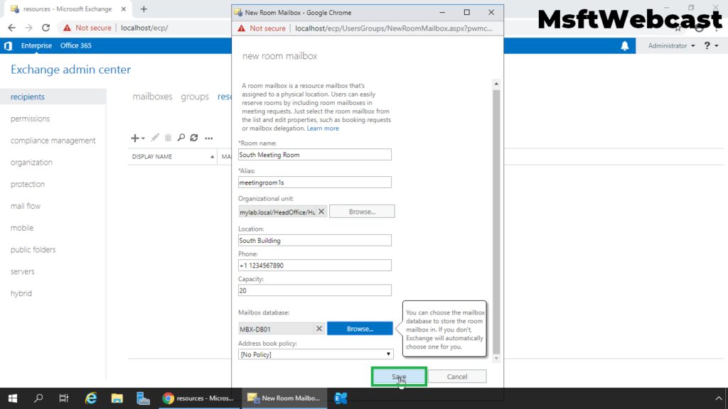 8. click on save to create a room mailbox