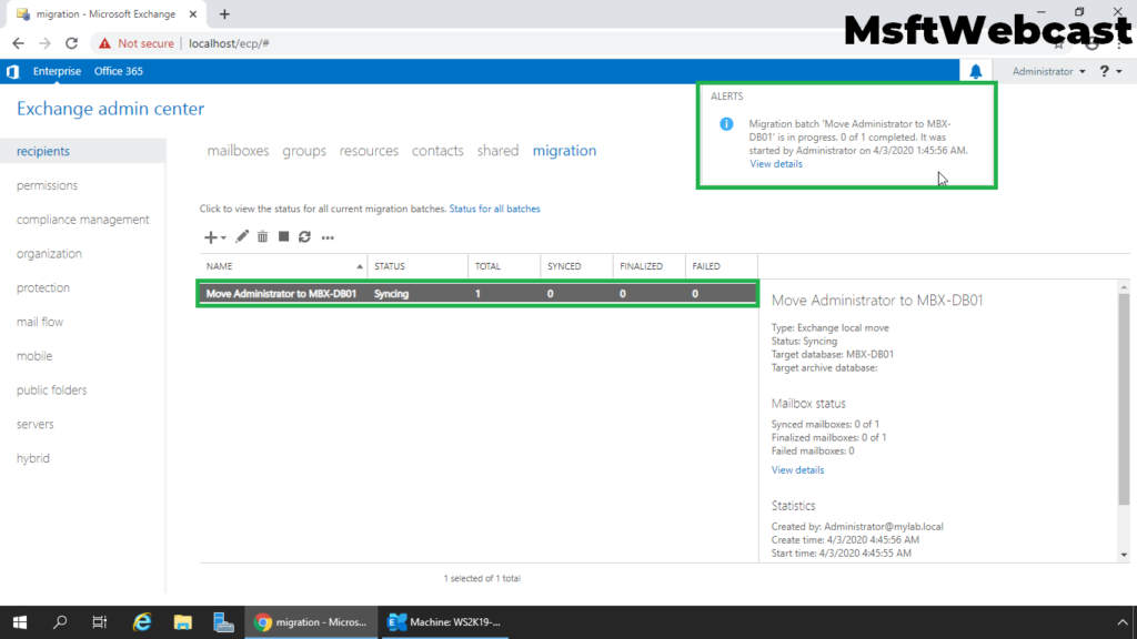 9. verify new migration task in exchange admin center