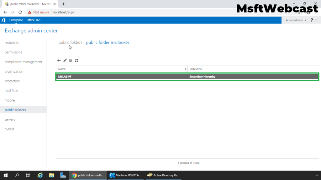 9. verify public folder mailbox in EAC