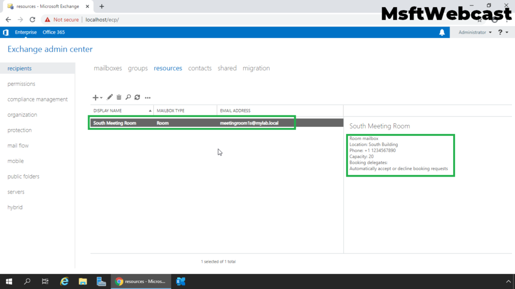 9. verify room mailbox is created successfully