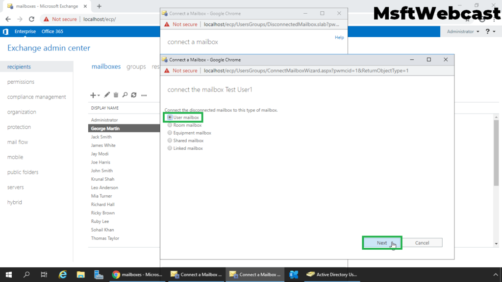 12. select user mailbox and click next