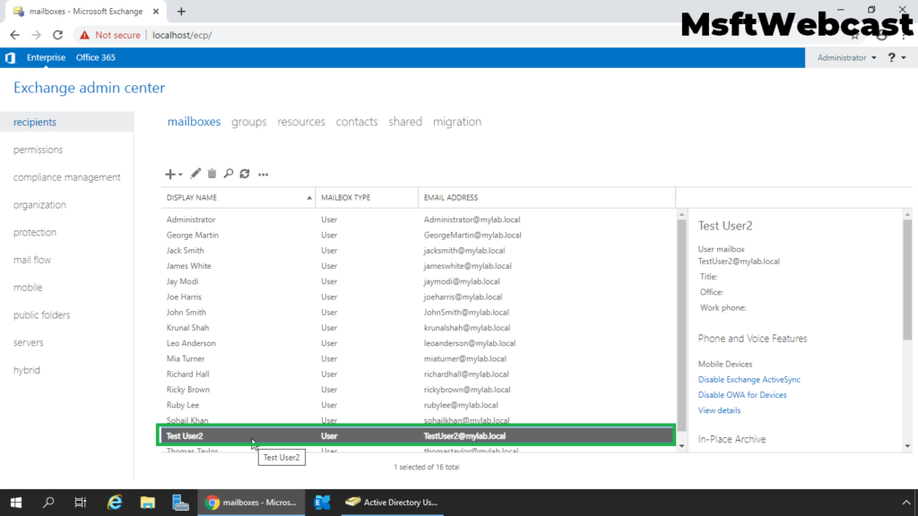 16. verify the mailbox under mailboxes tab