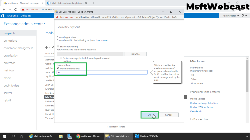 7. Specify maximum recipients in a message limit