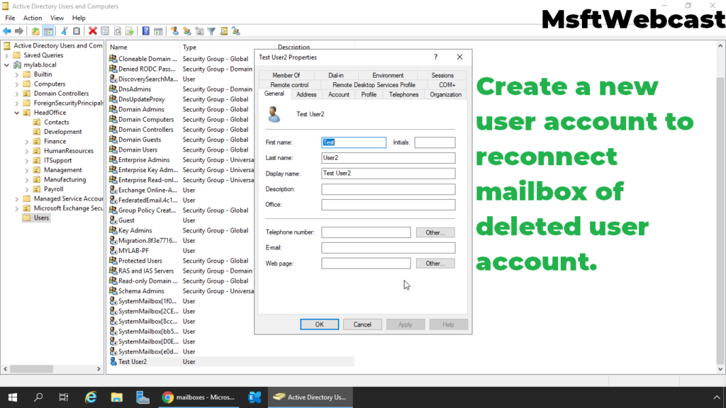 8. create a new user account to connect deleted mailbox