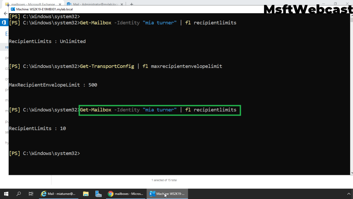 Configure Maximum Recipients in a Message Limit for Mailbox