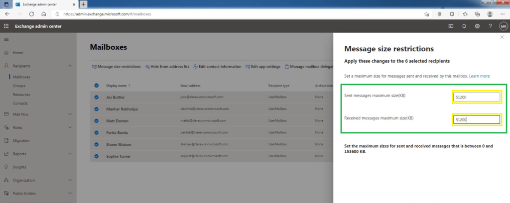 configure message size limits for a mailbox in exchange online