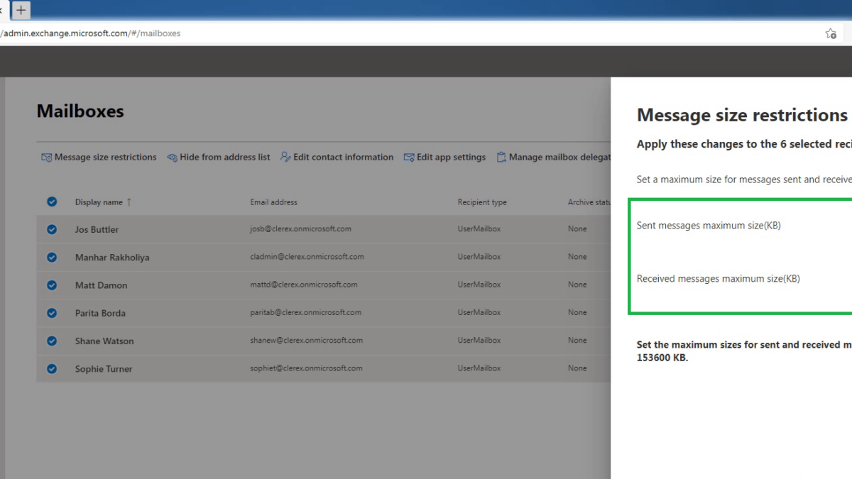 Configure Message Size Limits for a Mailbox
