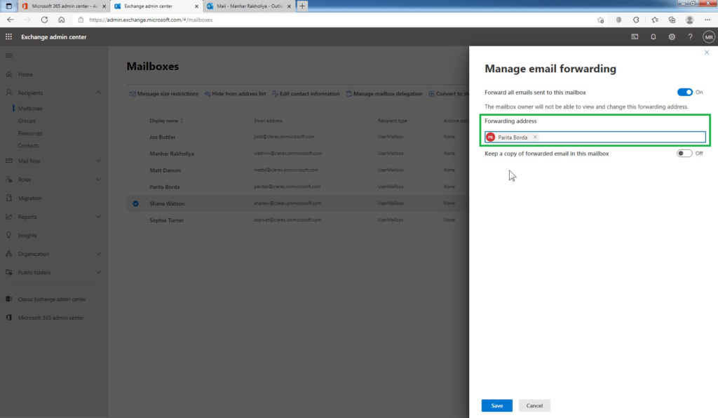 14_Configure_email_forwarding_in_exchange_admin_center_for_a_mailbox