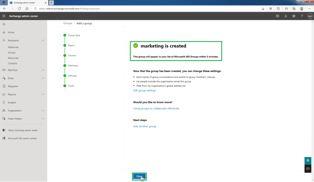16_Microsoft_365_Group_in_Exchange_Online_created_successfully