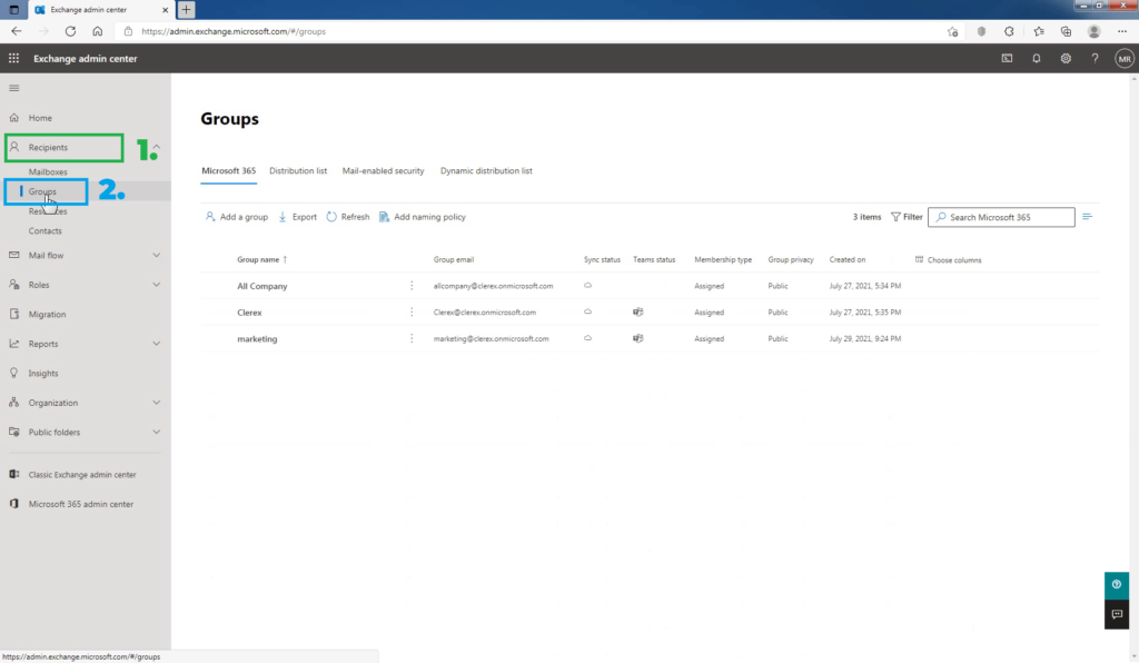 Create and manage distribution list groups in Exchange Online